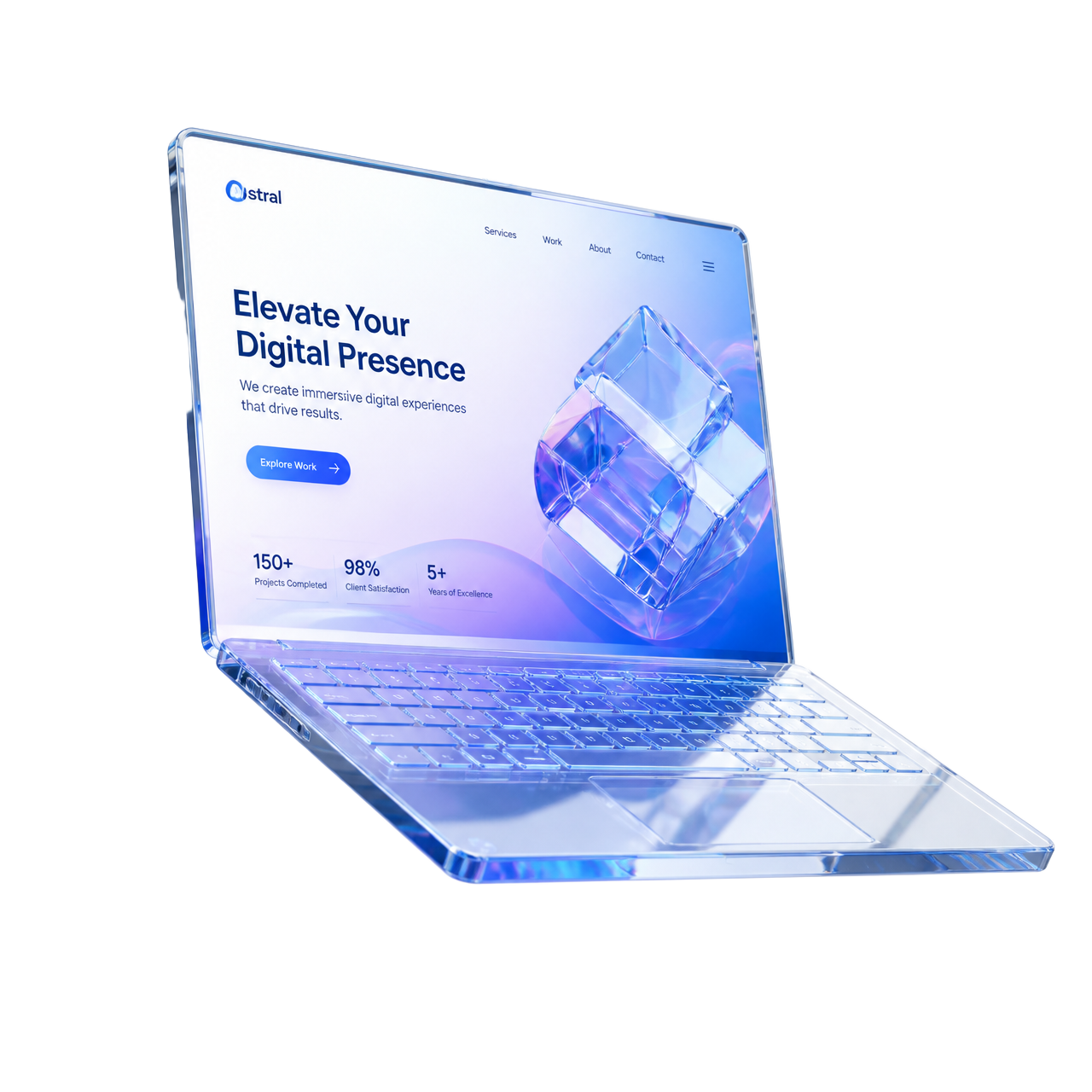 Premium 3D hero visual: floating glass laptop and geometric objects